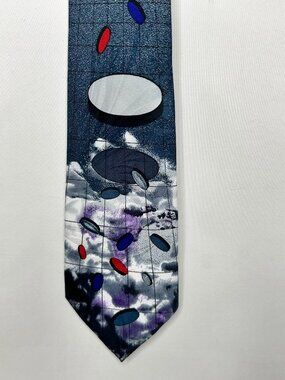 Unbranded Men’s Neck Tie 3 ¾” Blue Gray Abstract w/ Purple Red Geometric Necktie